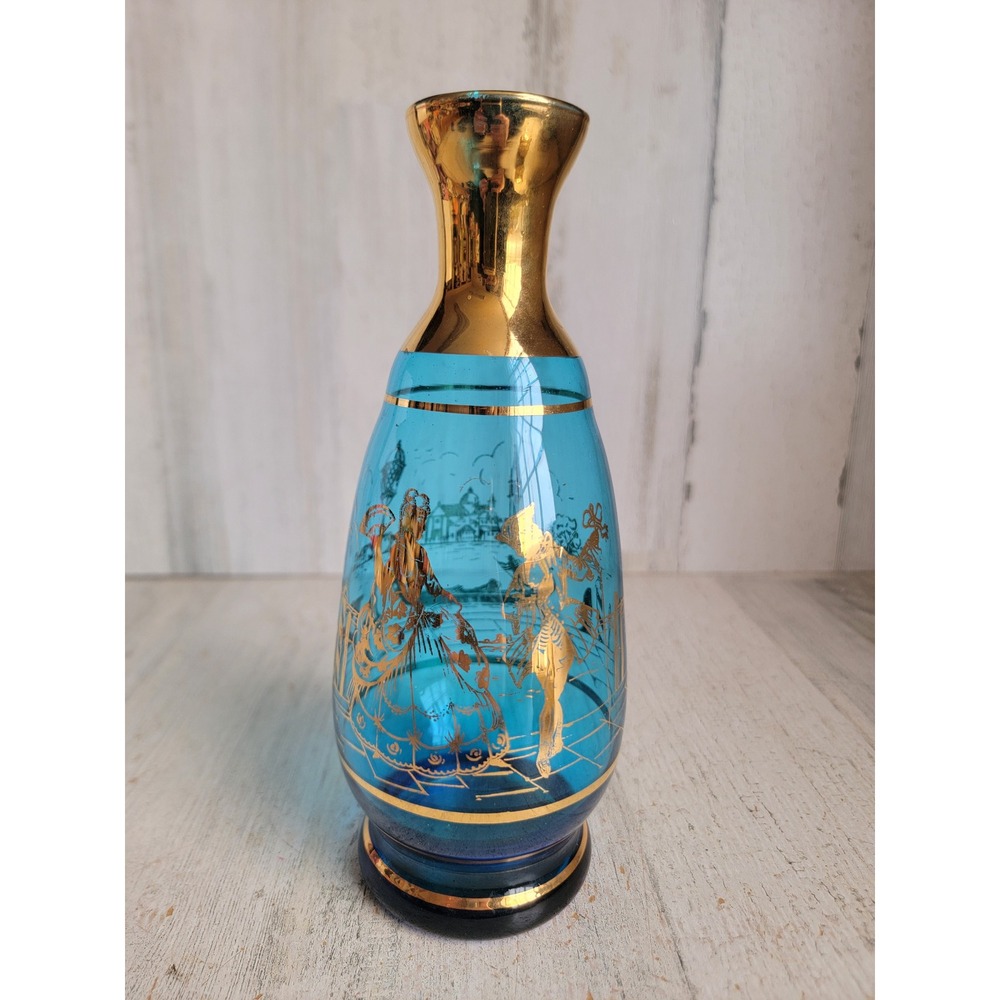 Vintage bohemian blue glass decanter Victorian couple vase golden rim home decor